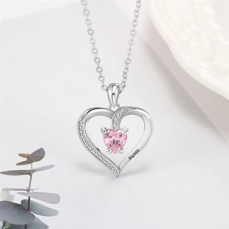 Custom Heart Cut Stone and Engraved Name Heart Pendant Necklace .925 Silver