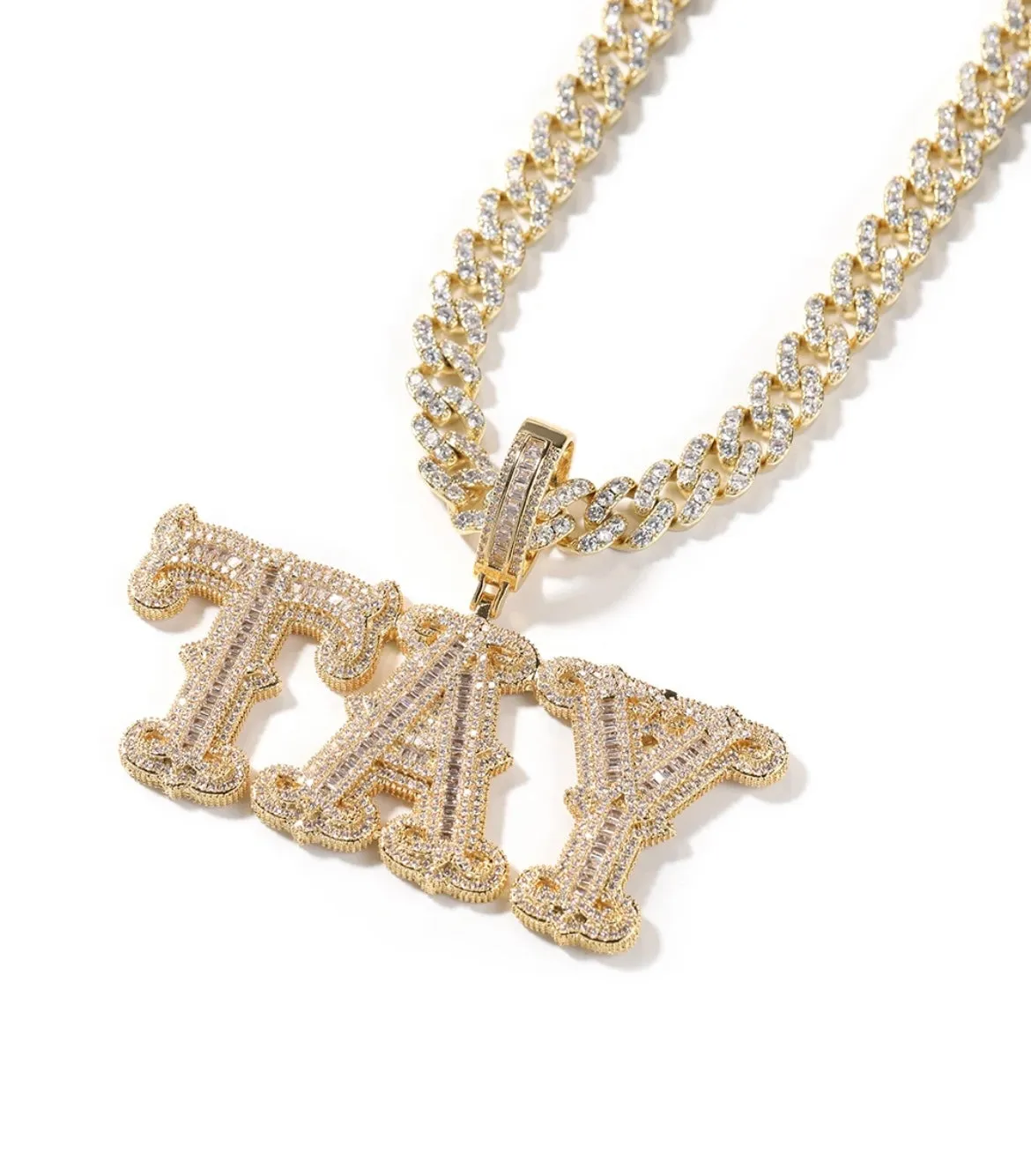 Custom Bling Iced Out Capital Letter Pendant with Premium Cuban Chain Necklace