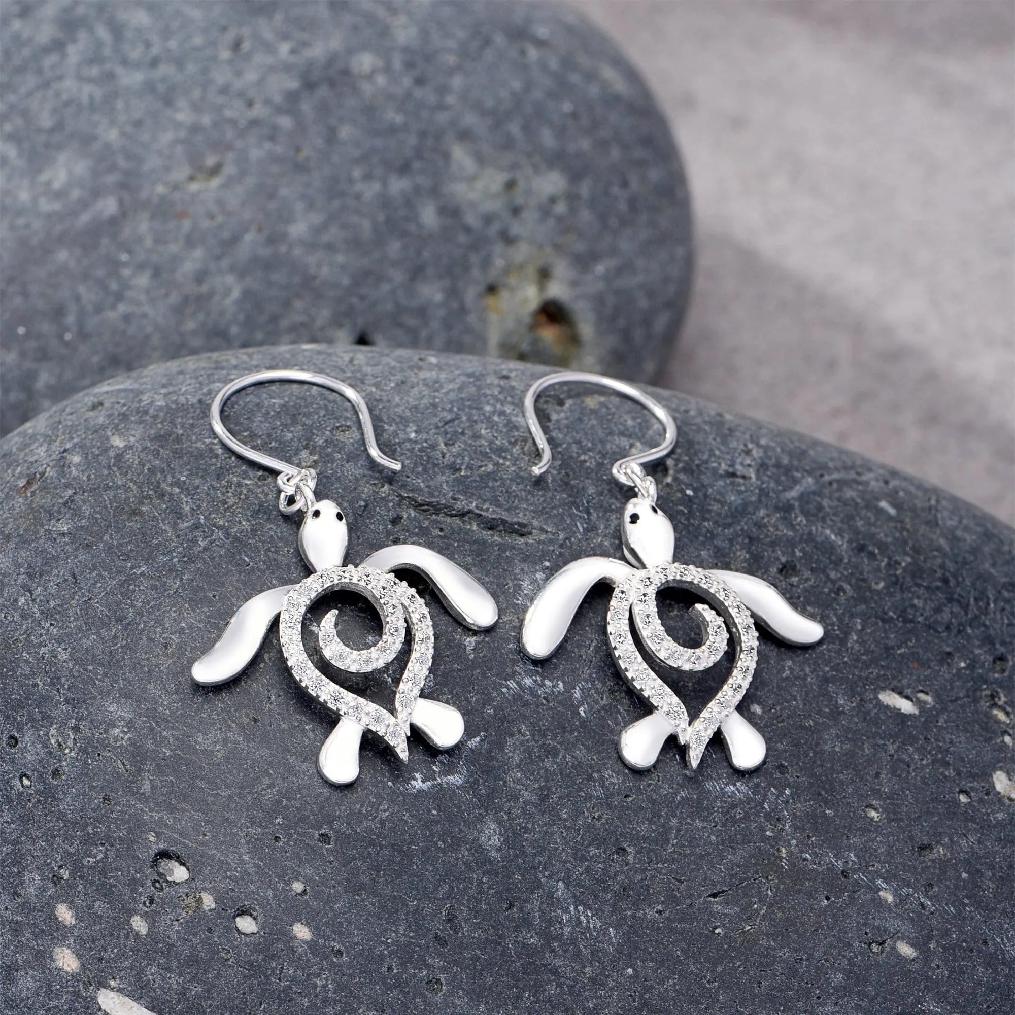 CZ Spiral Shell Turtle Dangling Earrings Silver