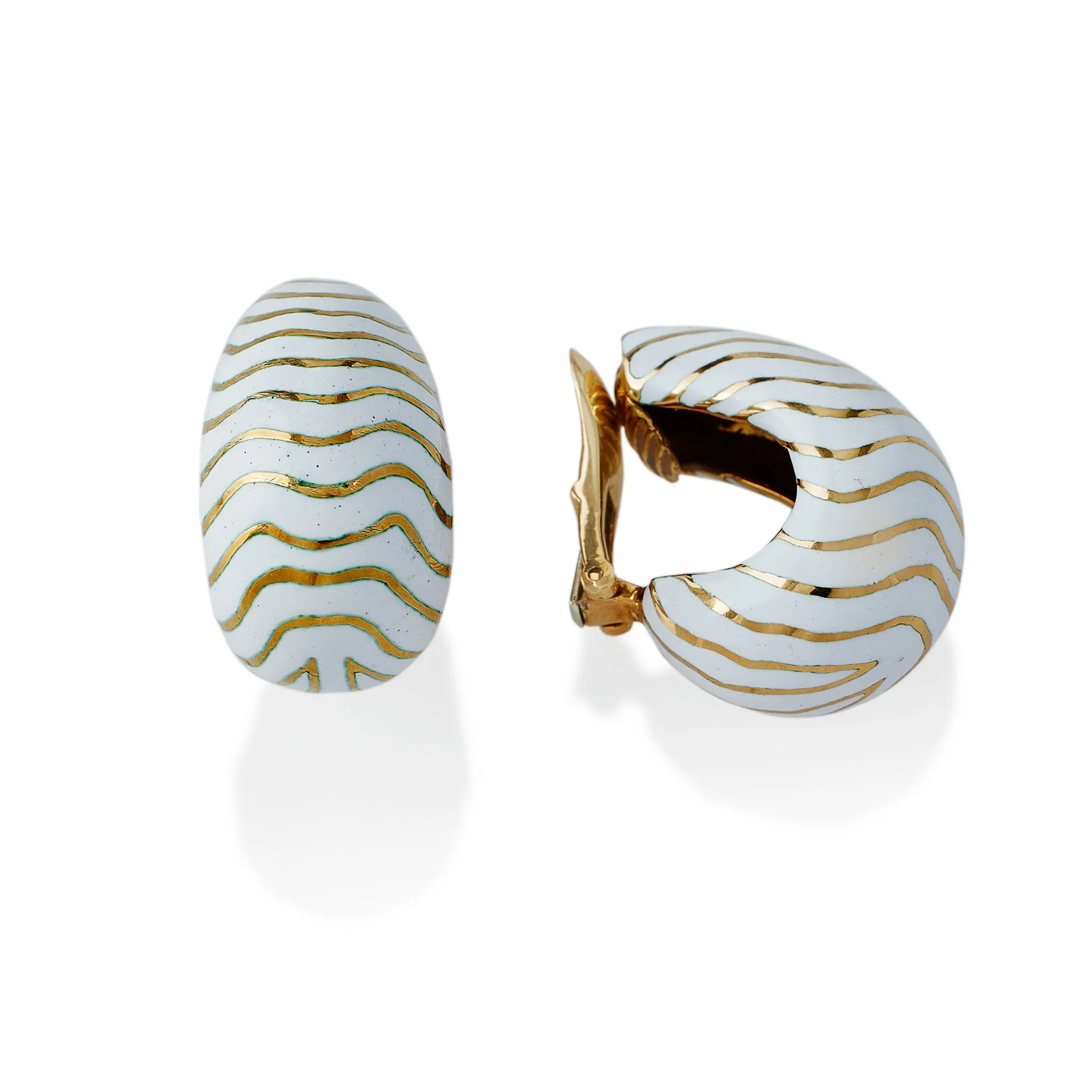 David Webb White Enamel Tiger Stripe Clip Earrings