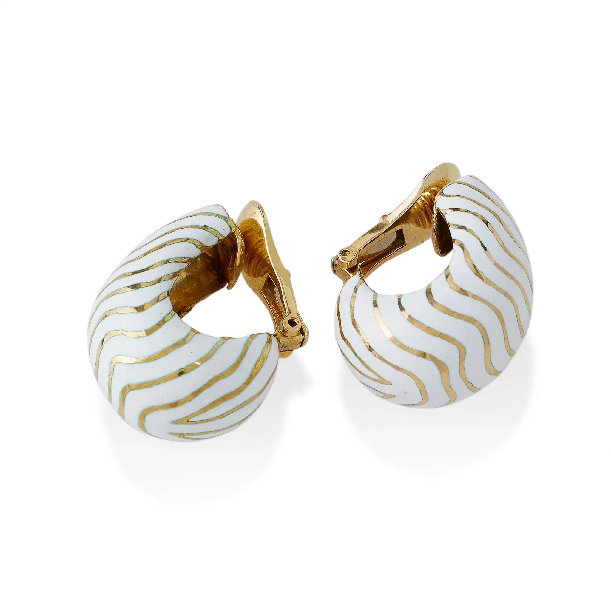 David Webb White Enamel Tiger Stripe Clip Earrings