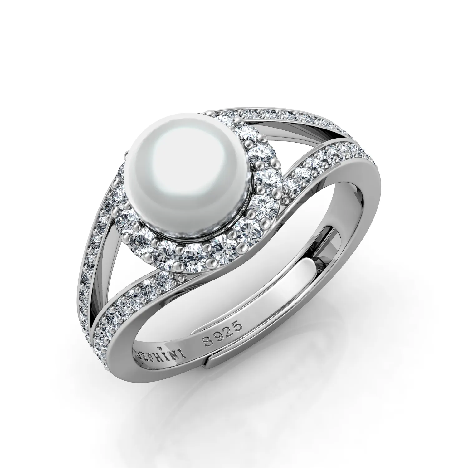 DEPHINI Silver Pearl Ring - 925 sterling silver CZ - Engagement ring for woman