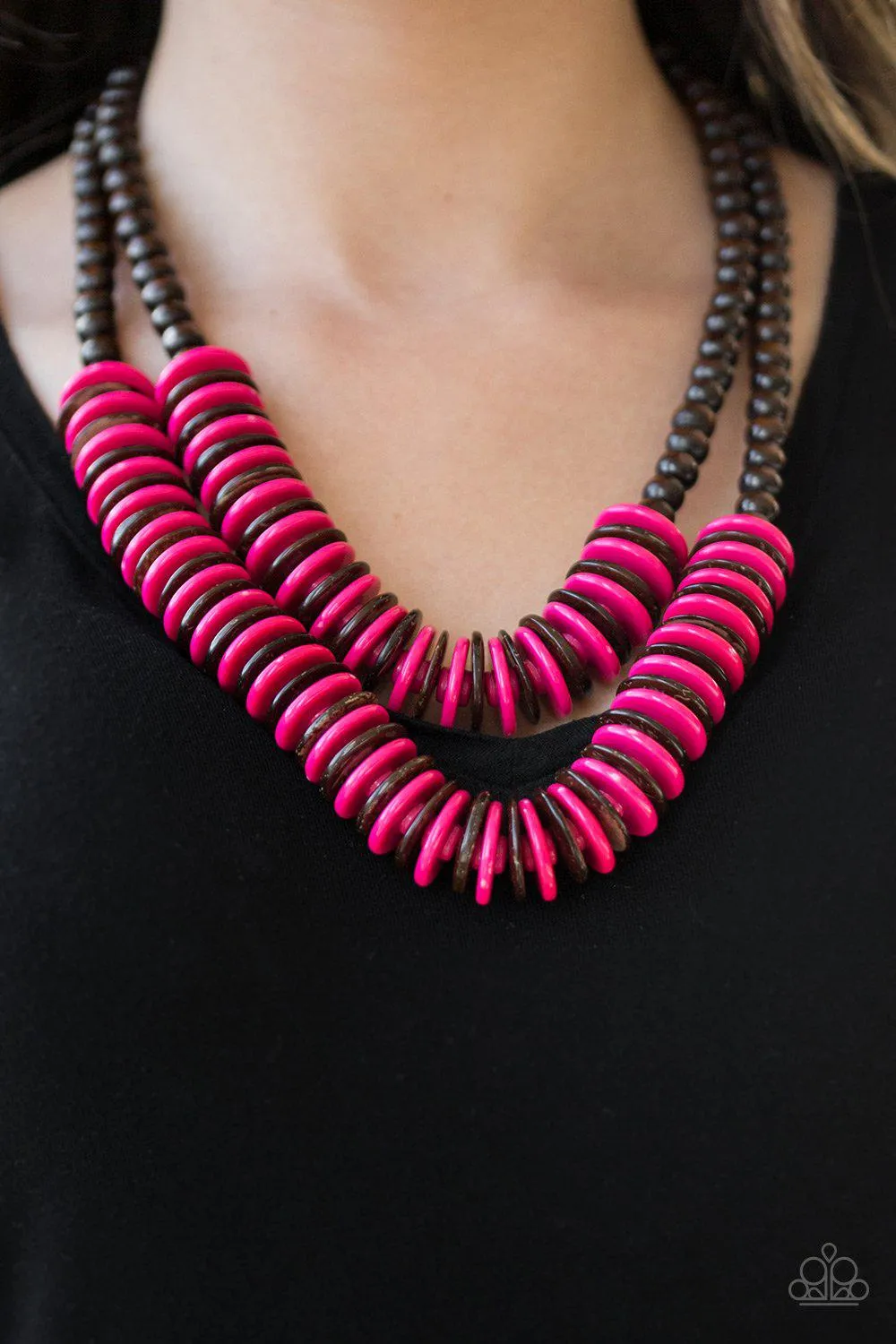 Dominican Disco Pink and Brown Wood Necklace - Paparazzi Accessories