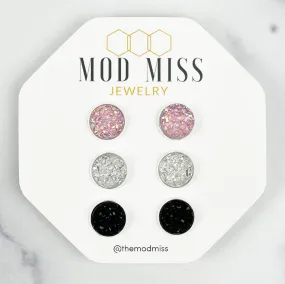 Druzy Stud Earring Set of 3 Crystal Light Pink, Clear, & Black in Silver Setting