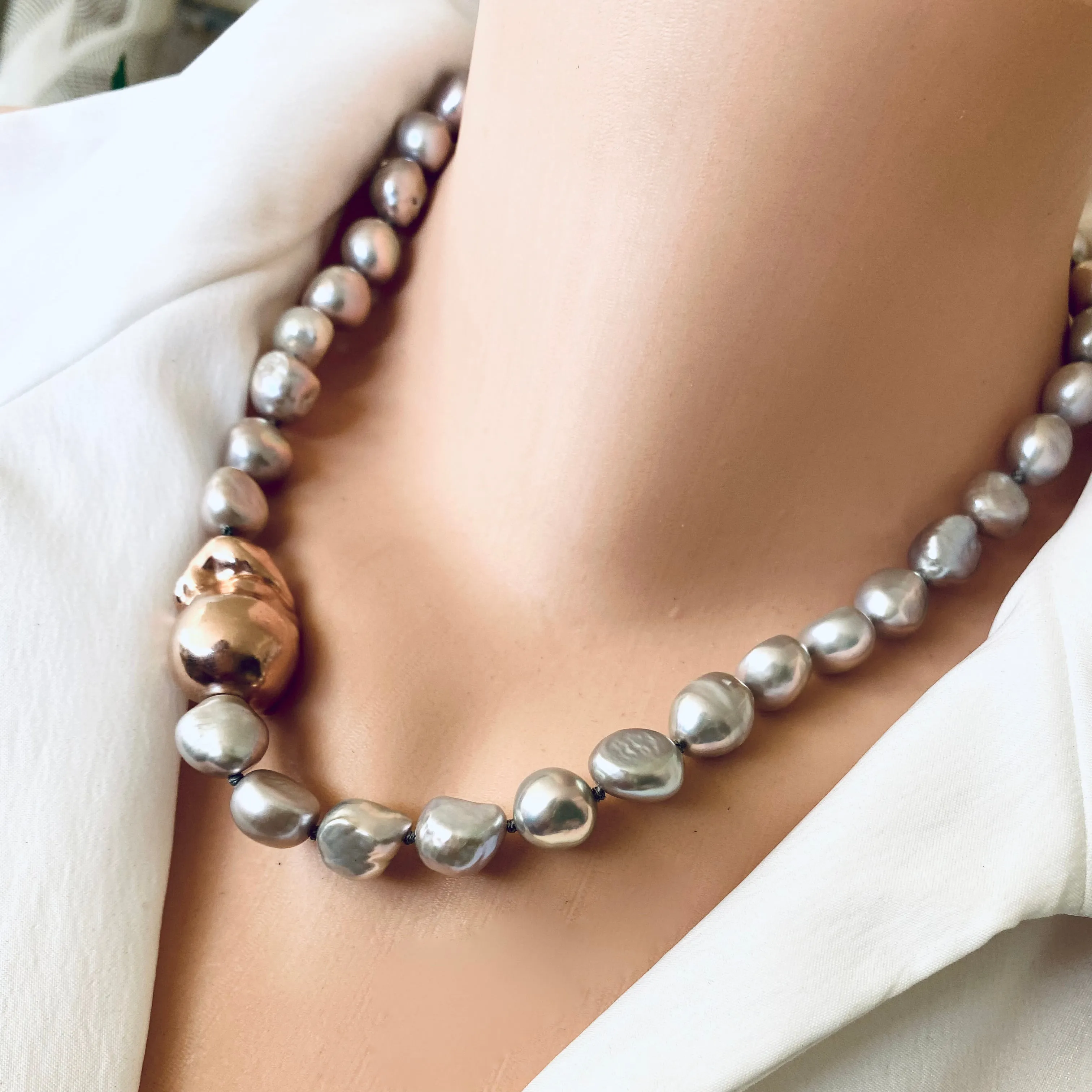 Elegant Hand-Knotted Grey Pearl Necklace with Rose Gold Vermeil Plated Silver Details, 18inches