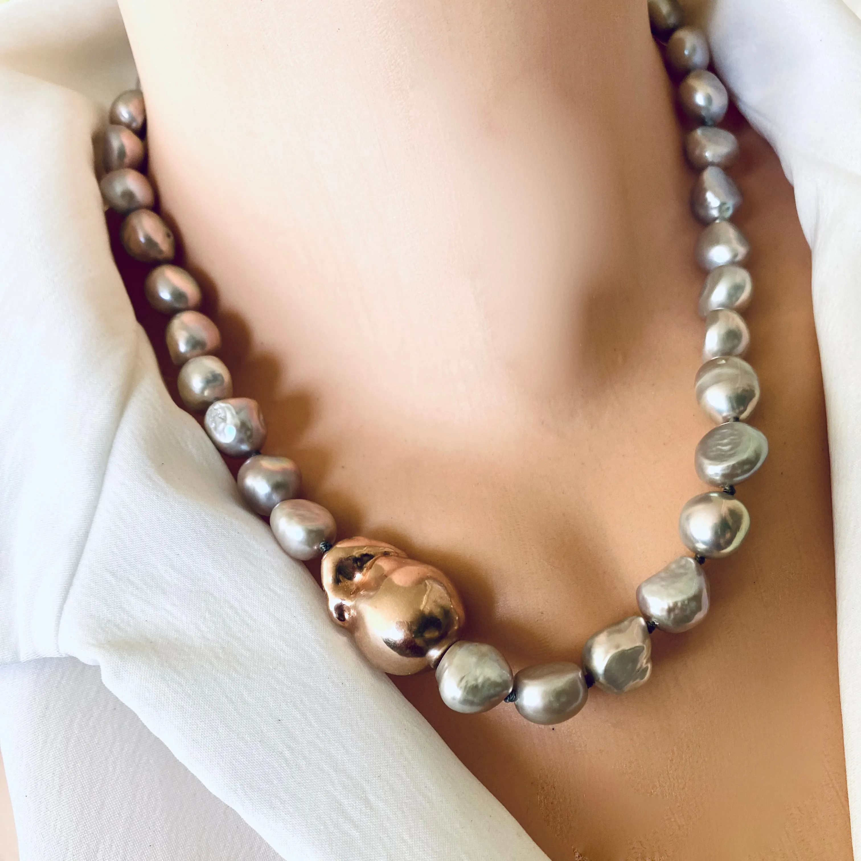 Elegant Hand-Knotted Grey Pearl Necklace with Rose Gold Vermeil Plated Silver Details, 18inches