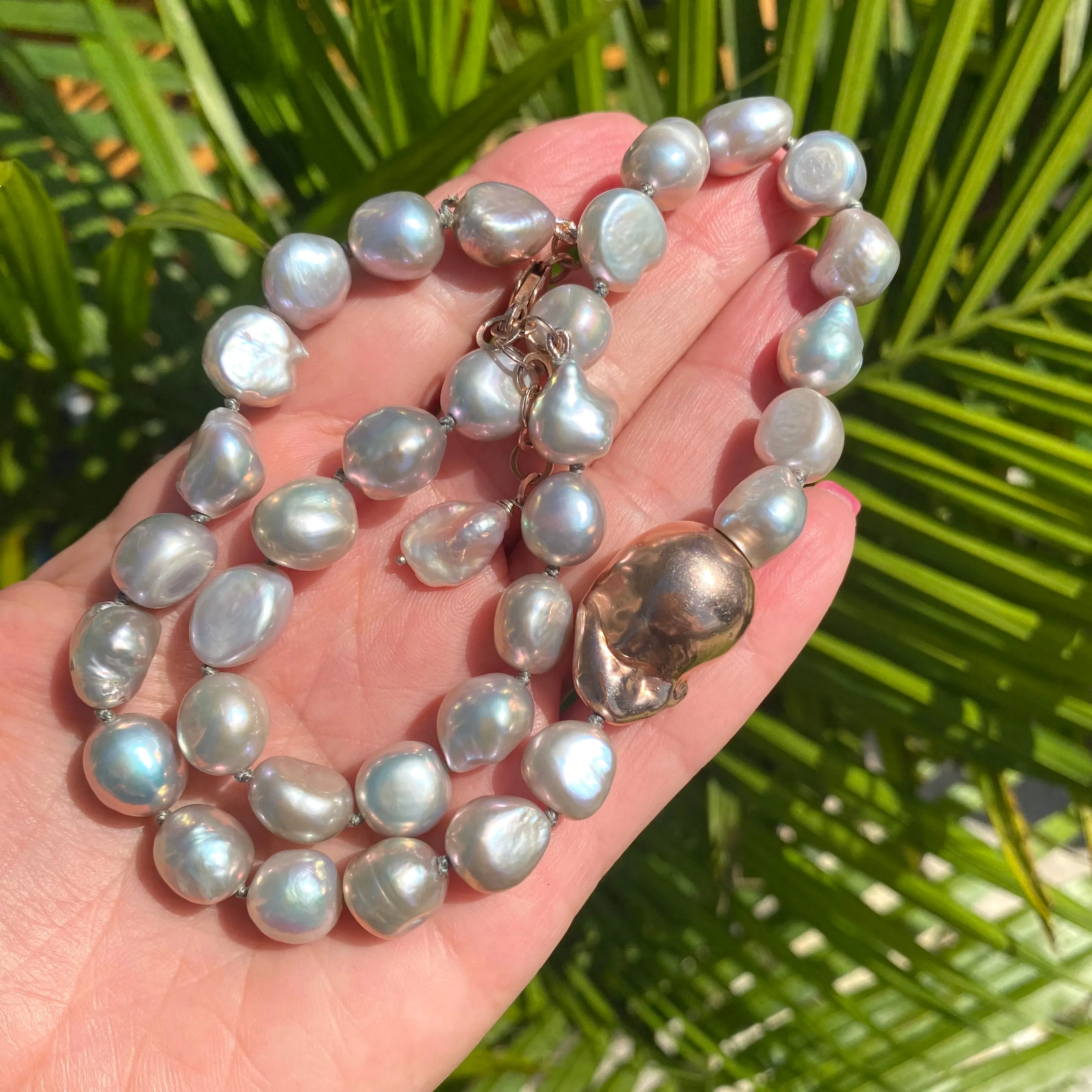 Elegant Hand-Knotted Grey Pearl Necklace with Rose Gold Vermeil Plated Silver Details, 18inches