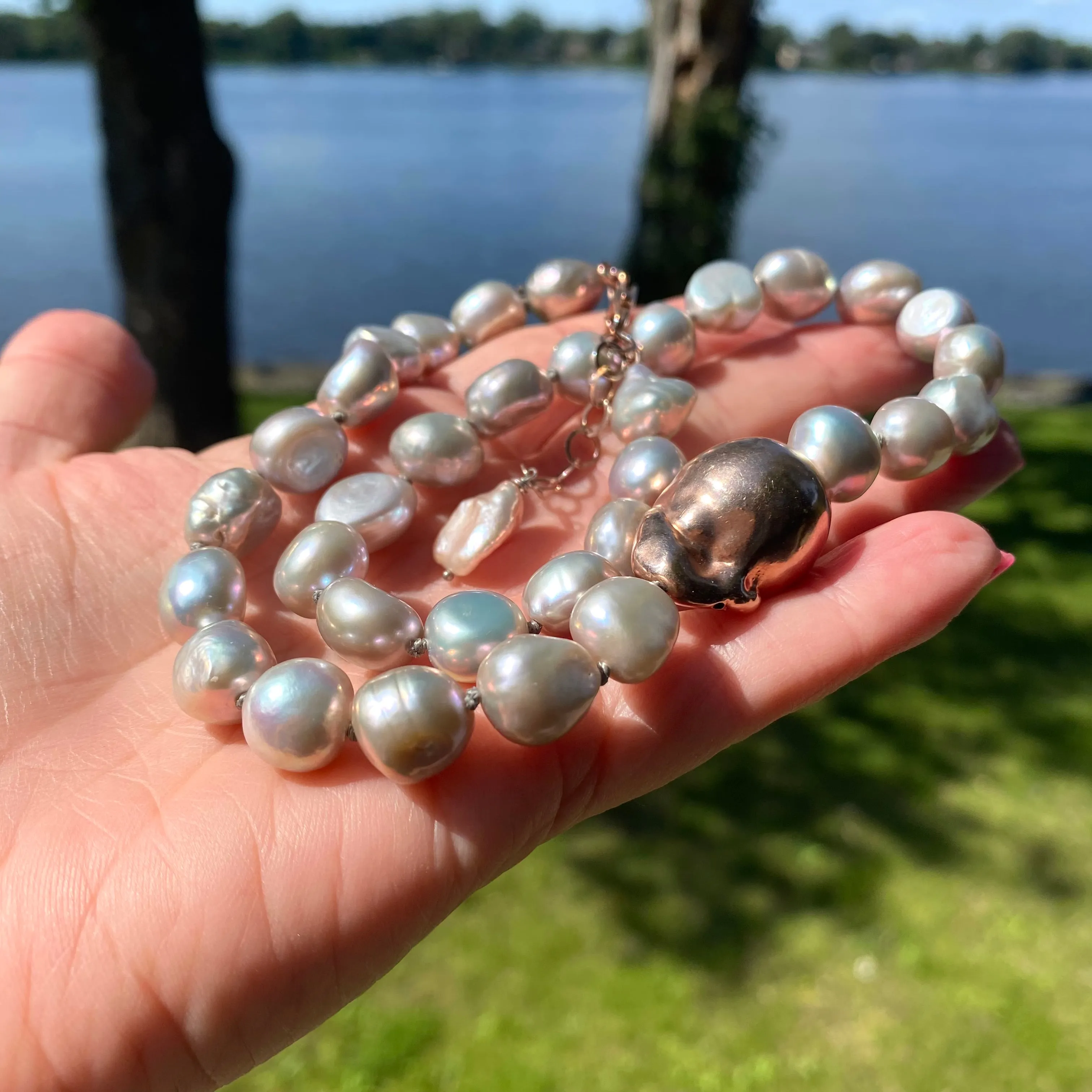 Elegant Hand-Knotted Grey Pearl Necklace with Rose Gold Vermeil Plated Silver Details, 18inches