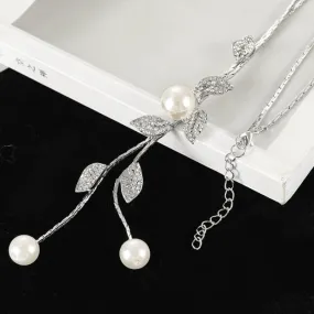 Elevate Your Style with our Y-Shaped Charm Necklace featuring Leaf Shaped Rhinestones & Faux Pearls Pendant, Dangle Long Necklace, and Adjustable Elegant Tassel Sweater Chain - Perfect for Women and Girls