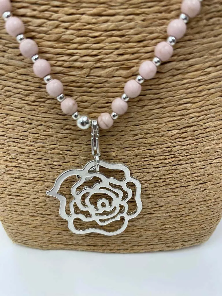 Envy Beaded Rose Pendant Necklace - Silver & Pink