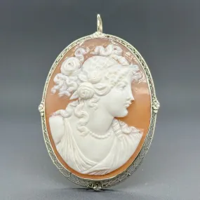 Estate Art Deco 14K W Gold Flora Cameo Pendant