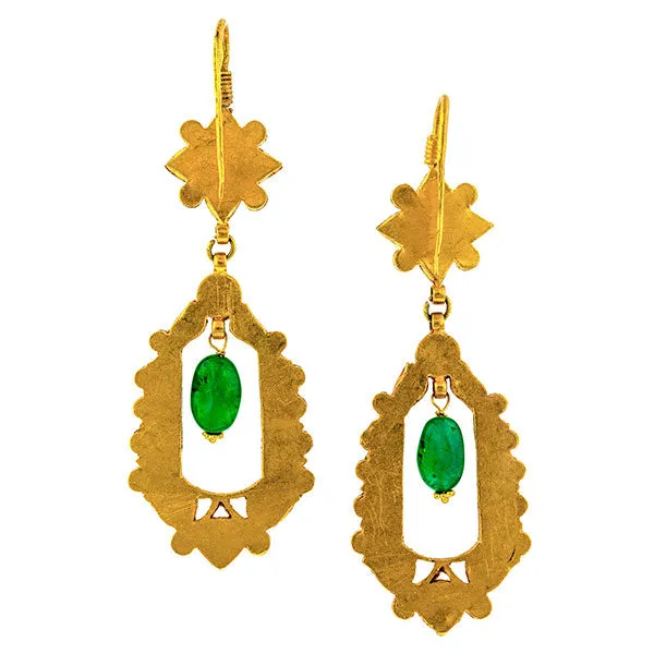 Estate Diamond & Emerald Bead Drop Earrings