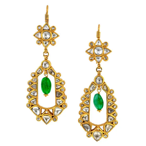 Estate Diamond & Emerald Bead Drop Earrings