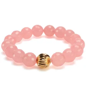 Faceted Rose Quartz 12mm Gemstone Bead Elastic Bracelet with Gold Accent Bead