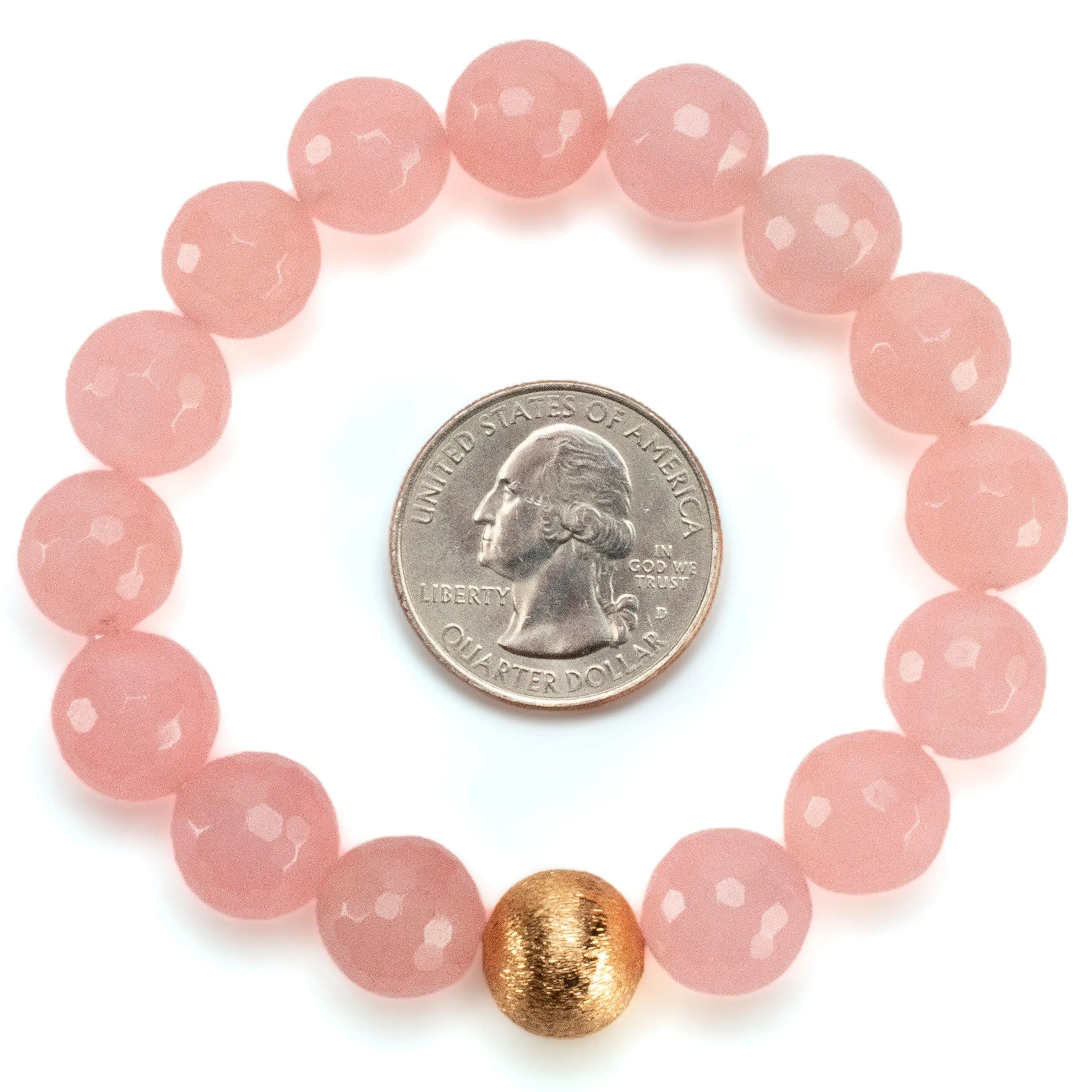 Faceted Rose Quartz 12mm Gemstone Bead Elastic Bracelet with Matte Gold Accent Bead