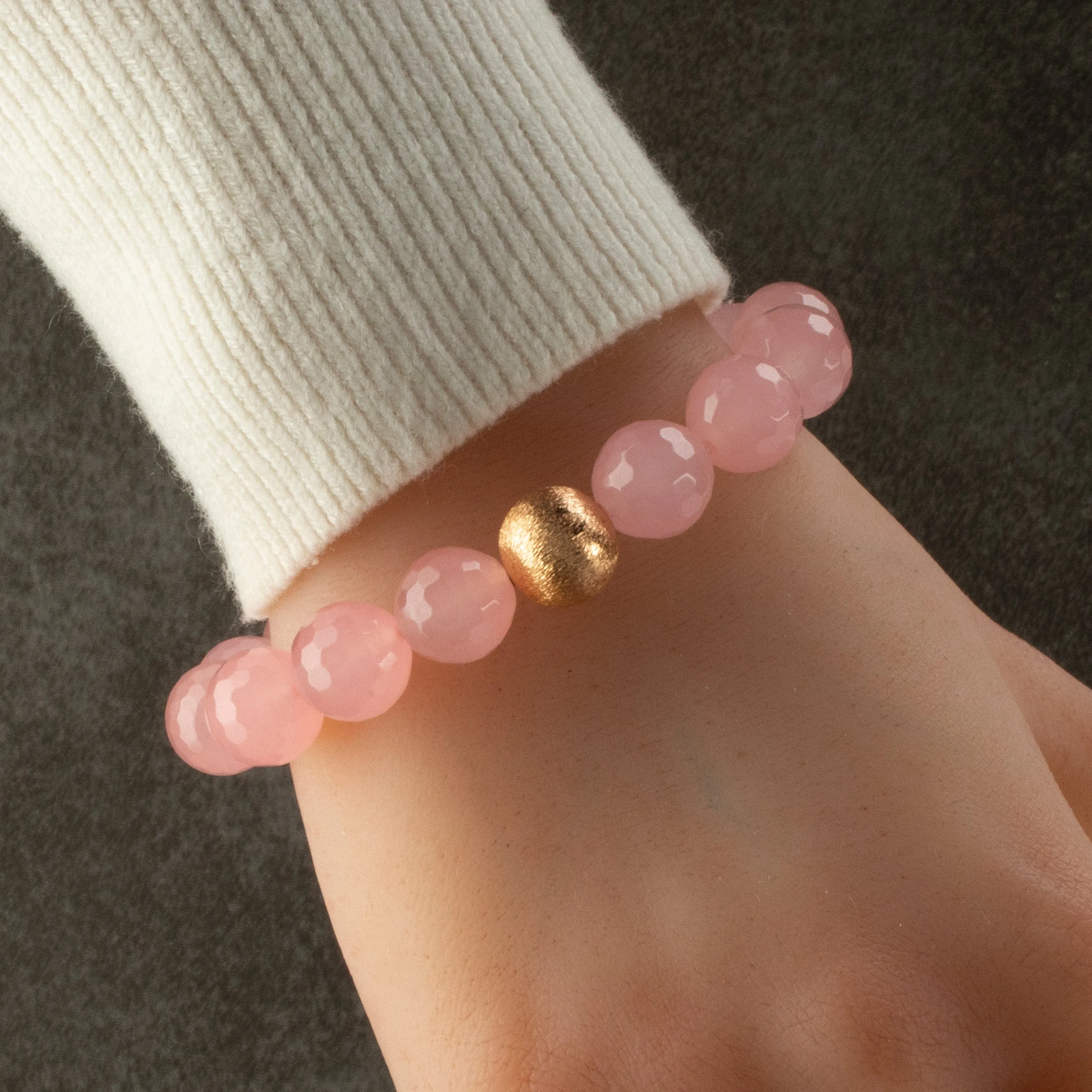 Faceted Rose Quartz 12mm Gemstone Bead Elastic Bracelet with Matte Gold Accent Bead