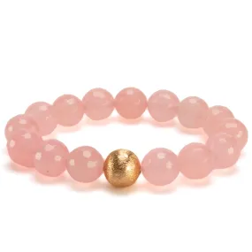 Faceted Rose Quartz 12mm Gemstone Bead Elastic Bracelet with Matte Gold Accent Bead