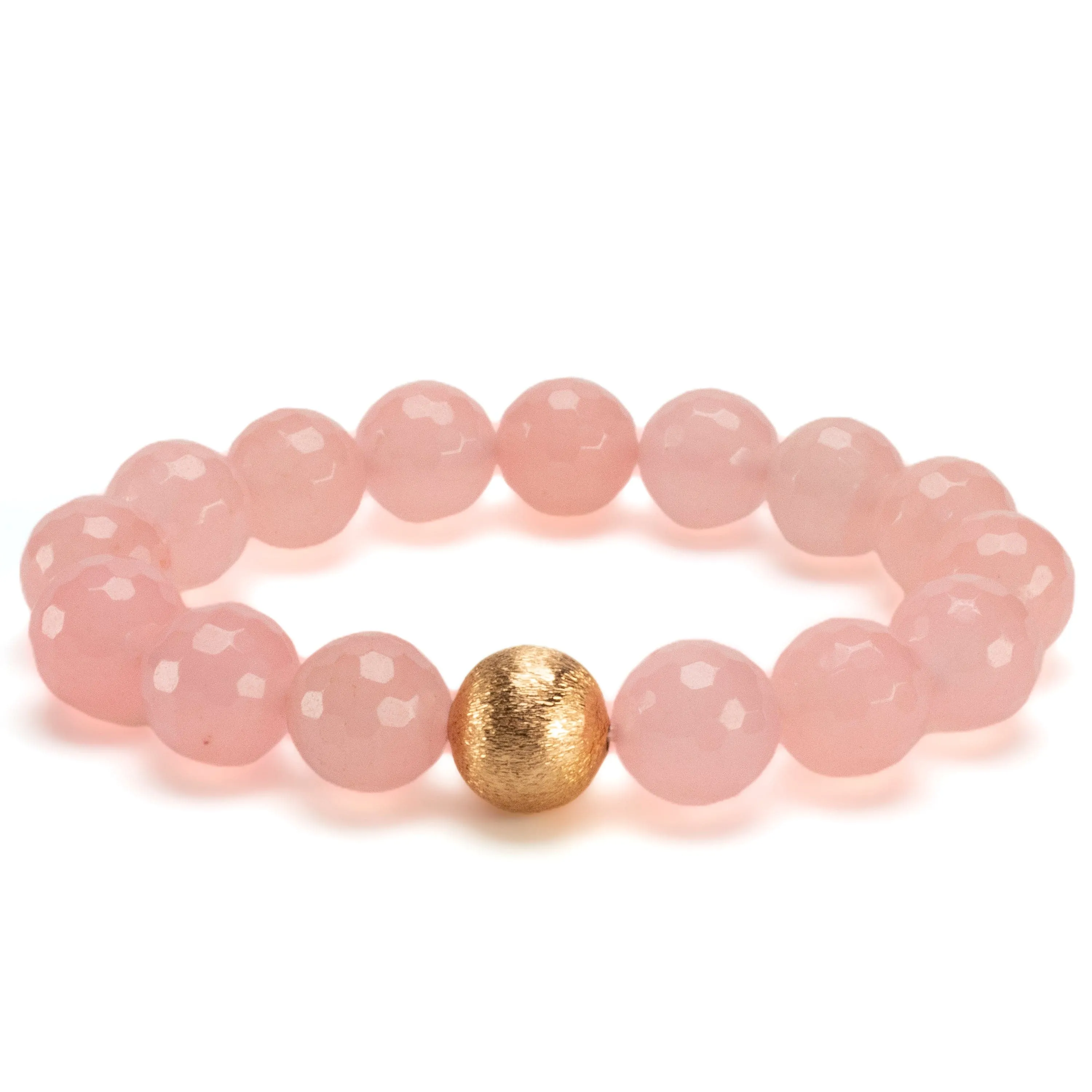 Faceted Rose Quartz 12mm Gemstone Bead Elastic Bracelet with Matte Gold Accent Bead