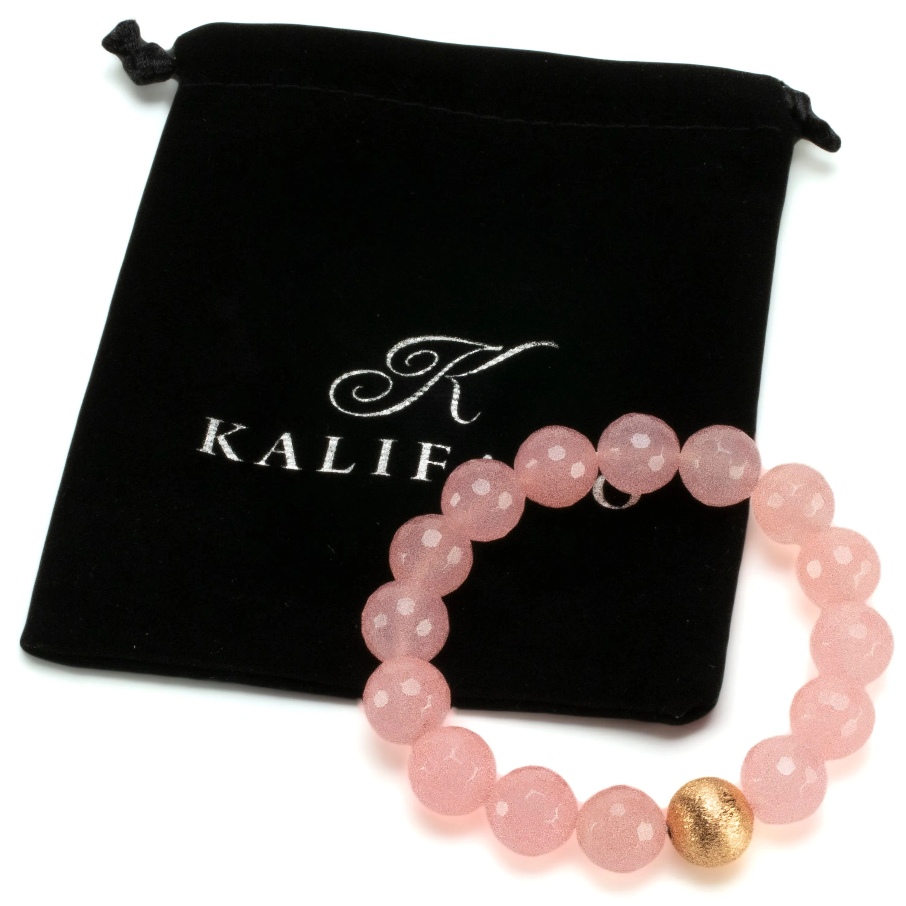 Faceted Rose Quartz 12mm Gemstone Bead Elastic Bracelet with Matte Gold Accent Bead