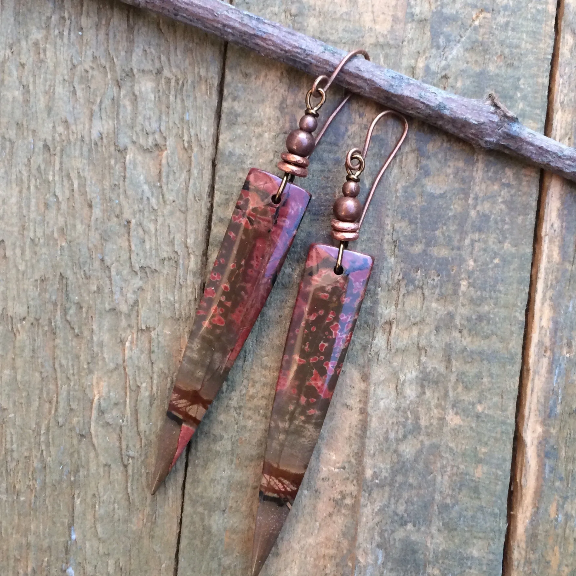 Geometric Stone Earrings, Edgy Jasper Dagger Earrings, OOAK Red Creek Jasper Earrings, Statement Dangle Earrings, Bold Colorful Earrings