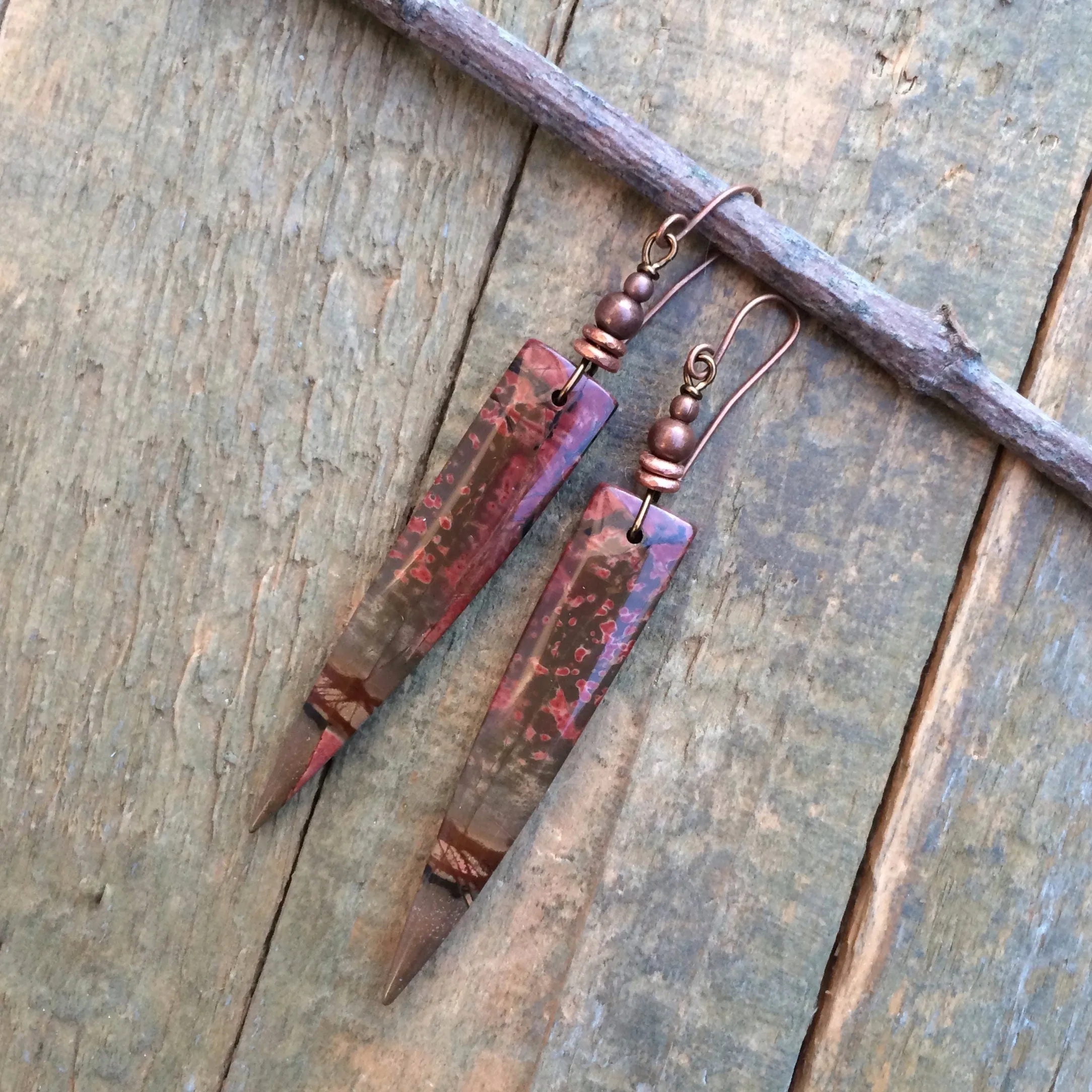 Geometric Stone Earrings, Edgy Jasper Dagger Earrings, OOAK Red Creek Jasper Earrings, Statement Dangle Earrings, Bold Colorful Earrings