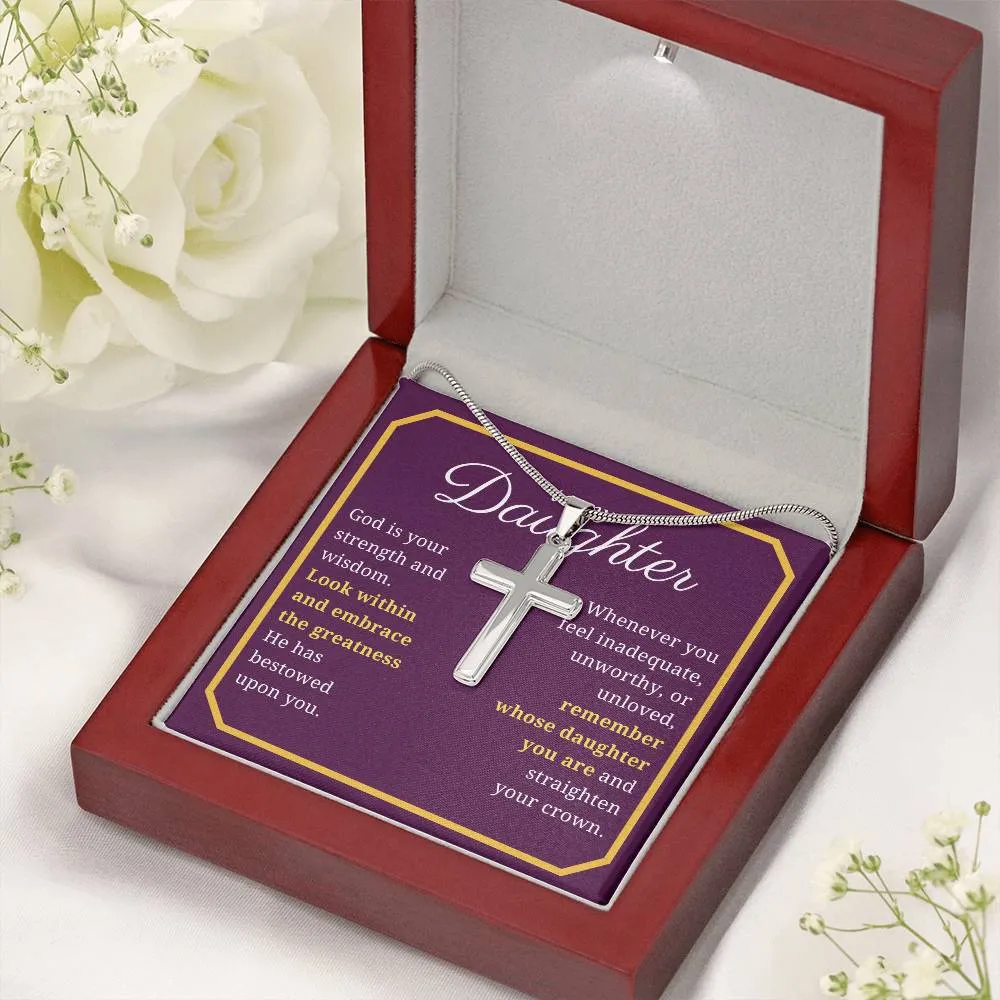 Gift For Daughter, Confirmation or Baptism Strength and Wisdom Stainless Steel Cross Necklace