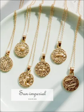 Gold Color 12 Constellation Necklaces & Pendants for Women Coin Gold Chain Necklace