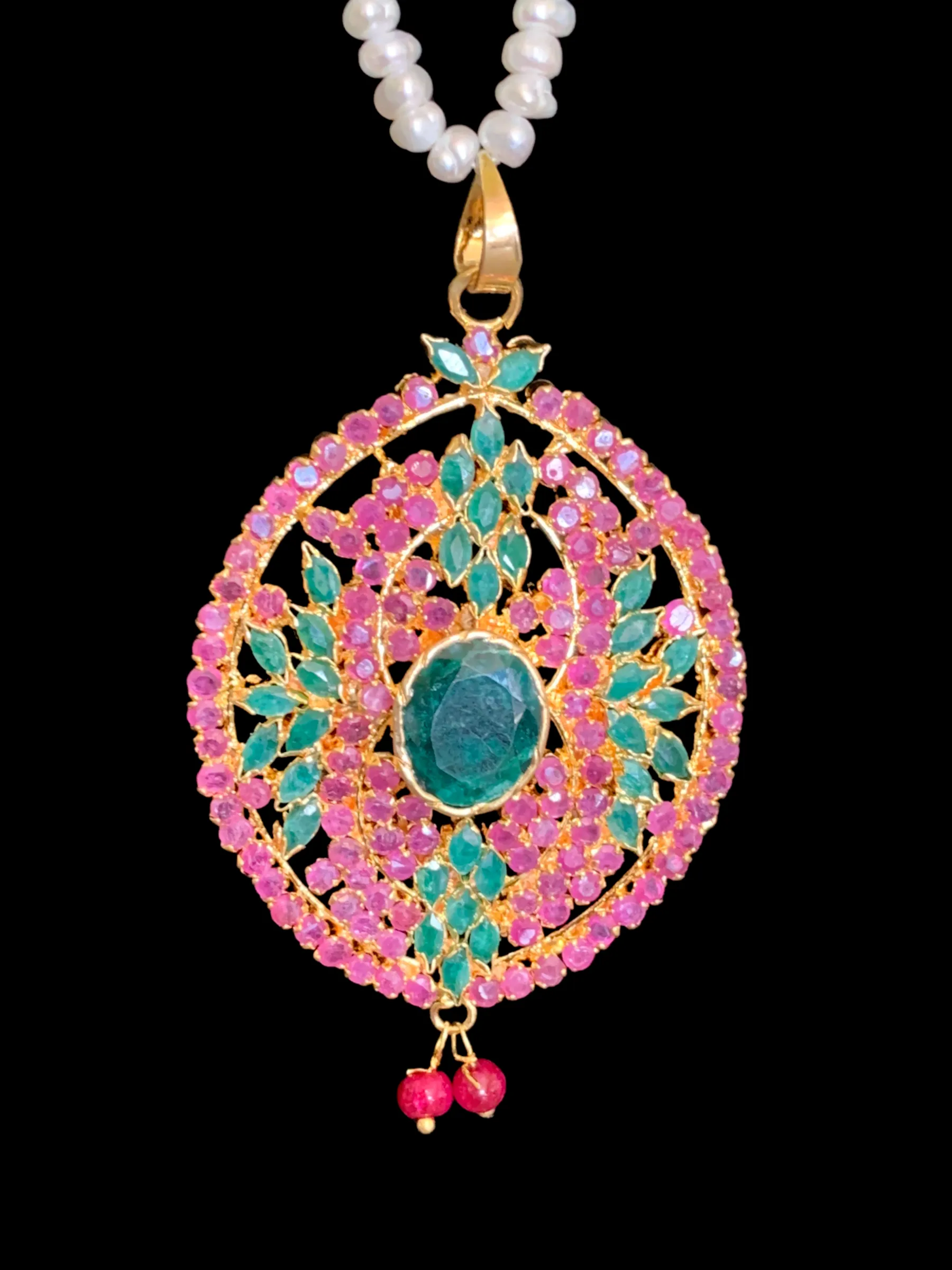 Gold plated ruby emerald  pendant set with fresh water pearls ( READY TO SHIP)