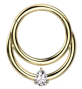 Gold PVD Double Hoop Teardrop CZ Titanium Hinged Segment Ring