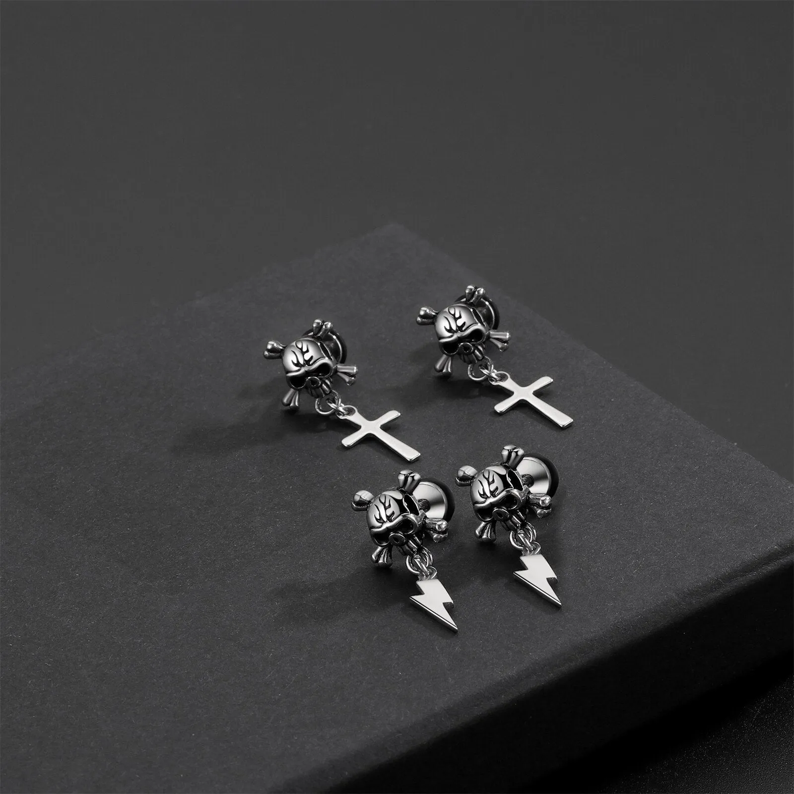 Gothic Skull Jewelry Cross Or Lightning Earrings / Stainless Steel Stud Earrings