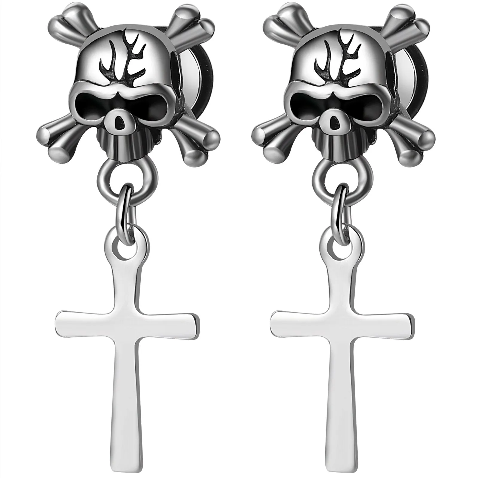 Gothic Skull Jewelry Cross Or Lightning Earrings / Stainless Steel Stud Earrings