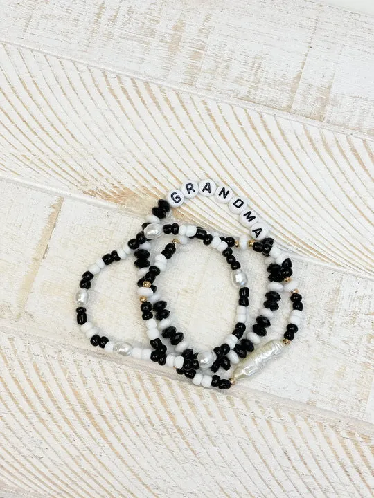 'Grandma' Beaded Stretch Bracelet Set - Black & White