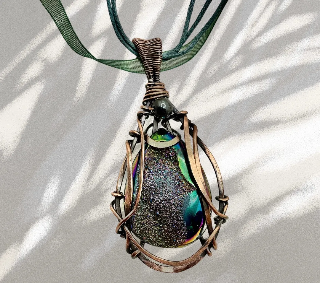 Green Titanium Aura Druzy Geode Agate Pendant