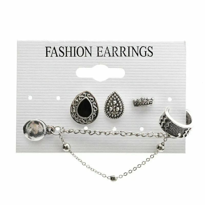 Gypsy Earrings Set 4 Pieces Including Ear Cuff Cascading Chains Stacking Boho Jewelry Silver Black Stones