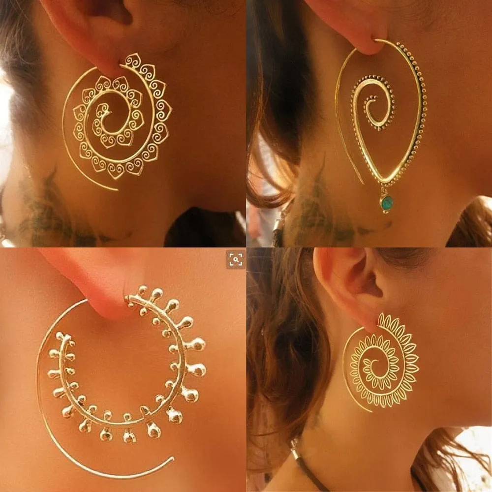 Gypsy Hoop Earrings Spiral 4 Different Styles You Choose Gold Or Silver Pierced Bohemian Festival Accessory India Tribal