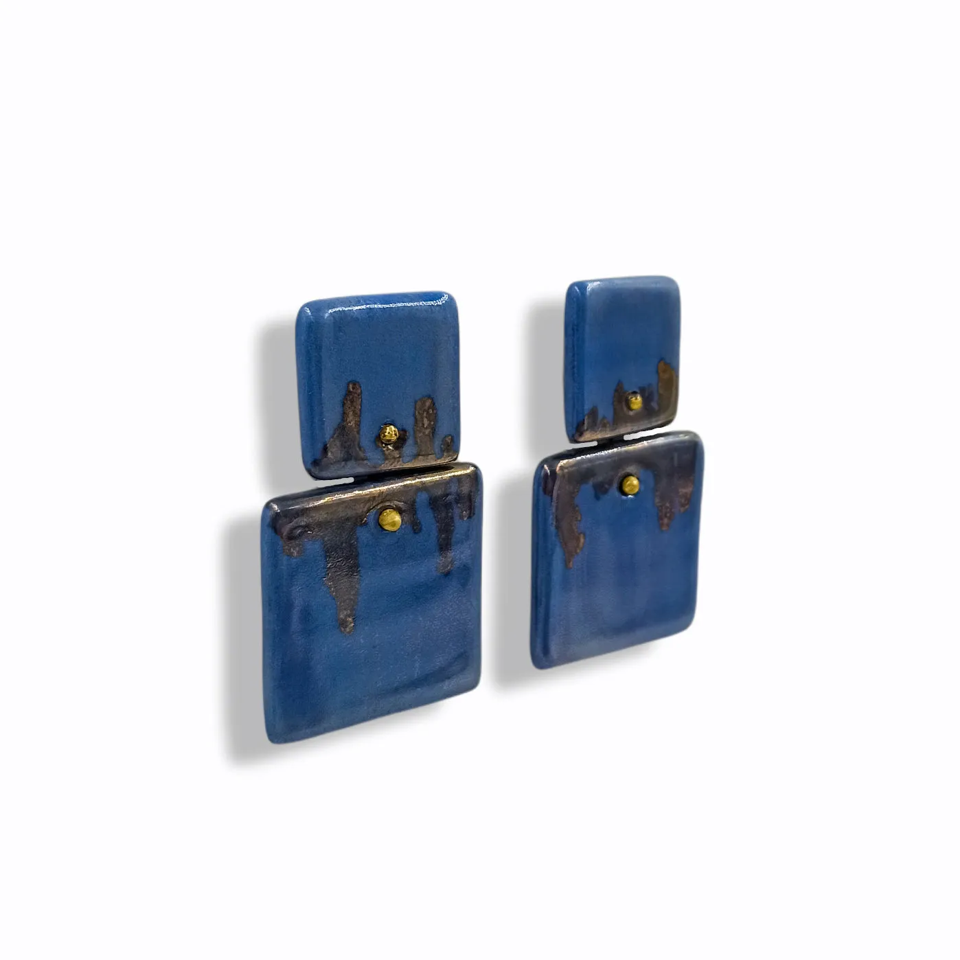 Handmade Stud Square Earrings in Blue Porcelain "Abstract gold"