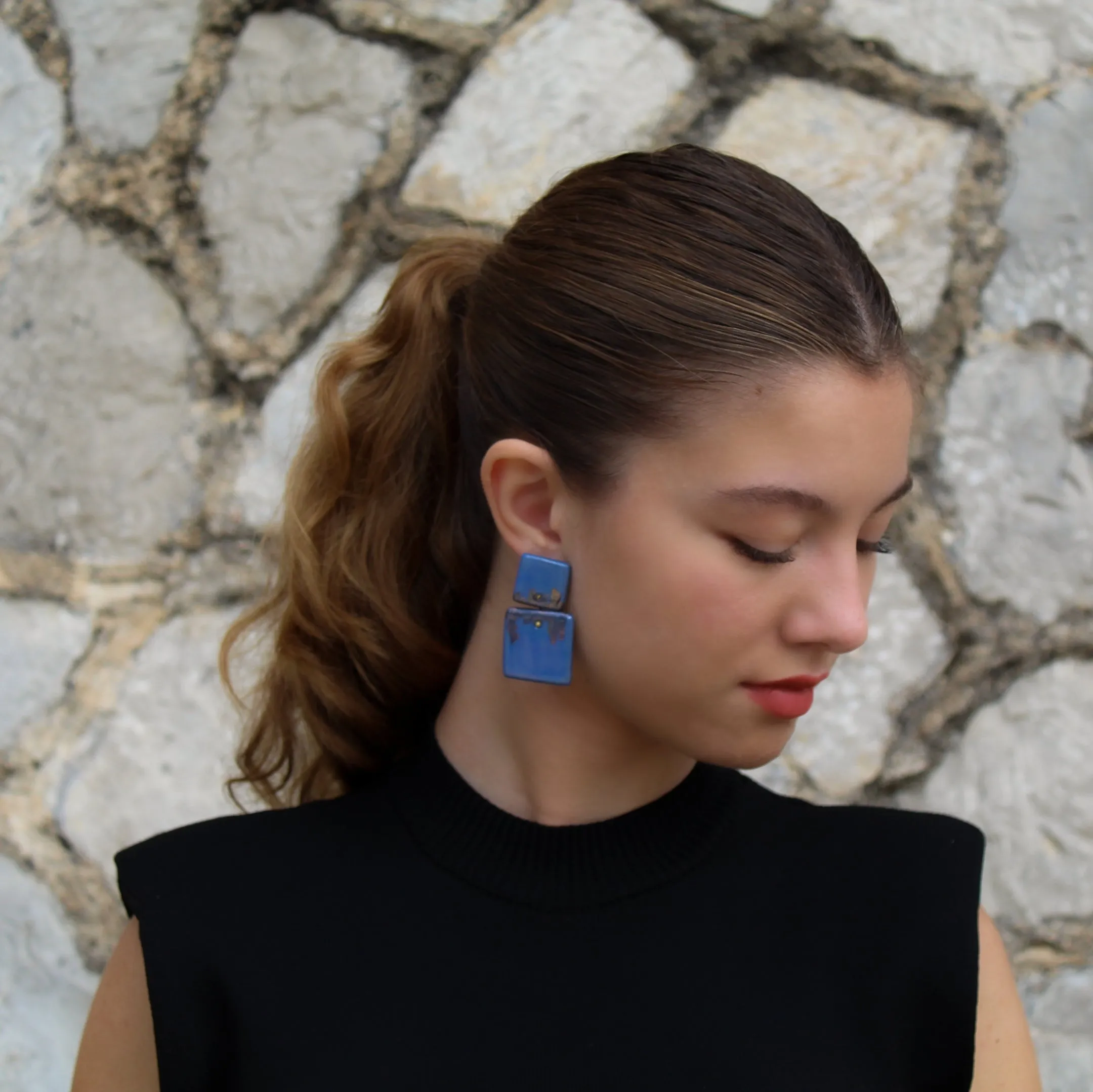 Handmade Stud Square Earrings in Blue Porcelain "Abstract gold"