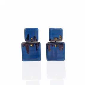 Handmade Stud Square Earrings in Blue Porcelain "Abstract gold"