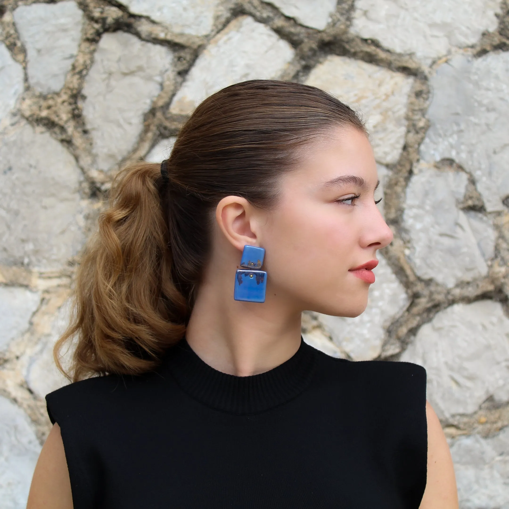 Handmade Stud Square Earrings in Blue Porcelain "Abstract gold"