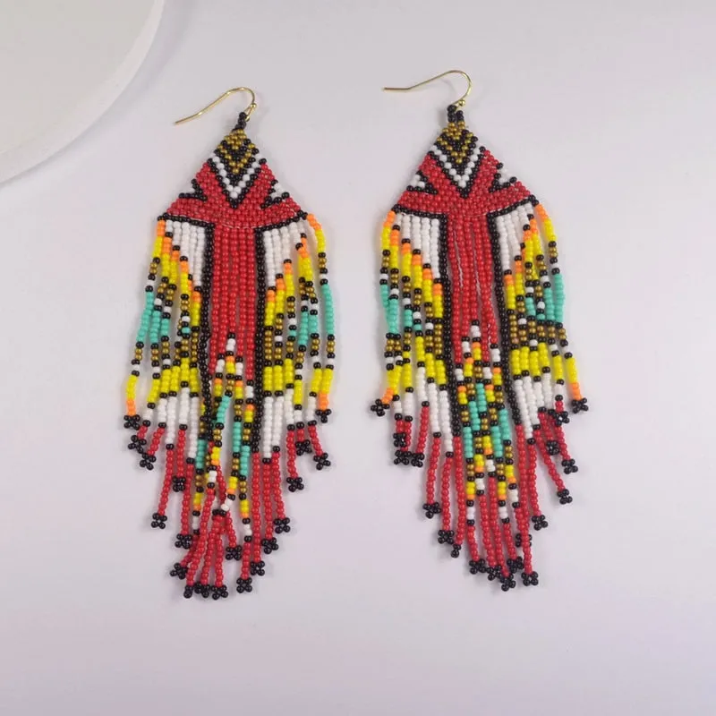 Indian Seed Bead Long Dangle Earrings 4 Different Colors You Choose Boho Tribal Beaded Statement Earrings