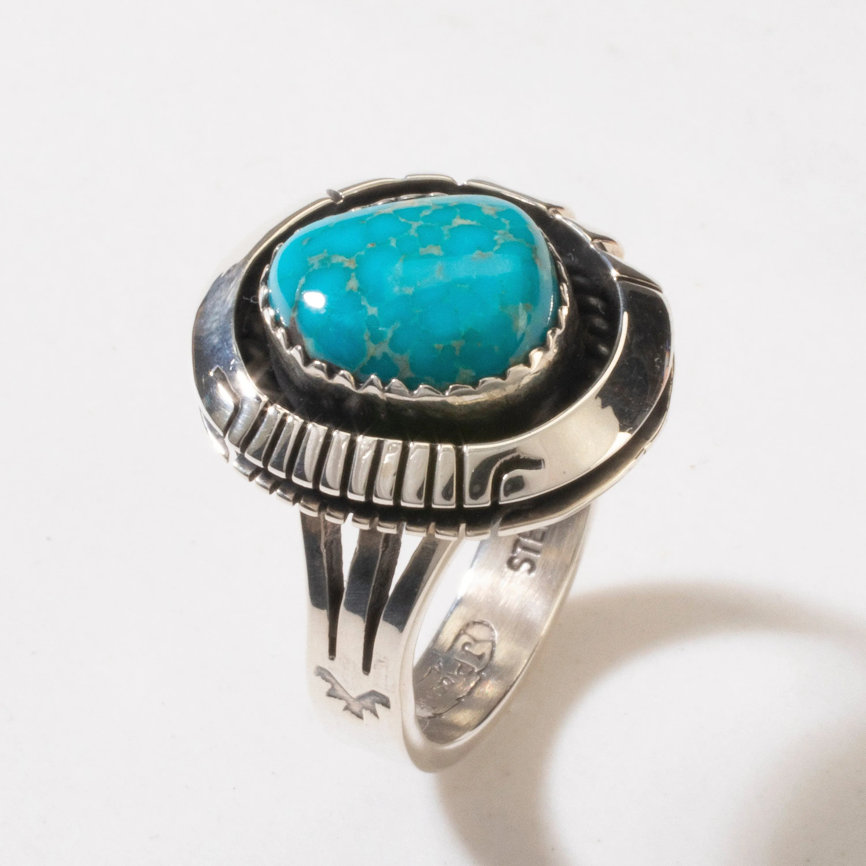 Joe Piaso Jr. Sleeping Beauty Turquoise Round Navajo USA Native American Made 925 Sterling Silver Ring