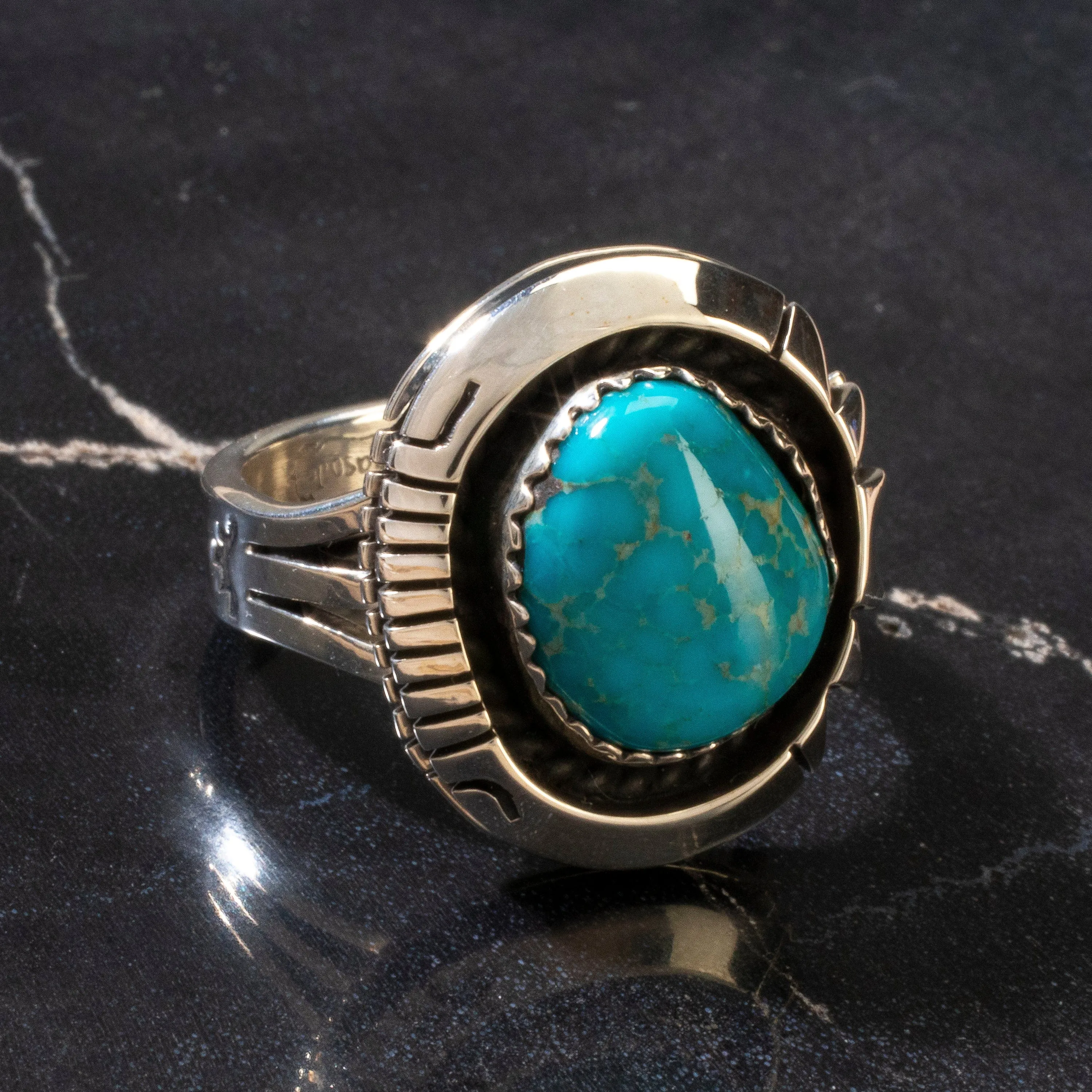 Joe Piaso Jr. Sleeping Beauty Turquoise Round Navajo USA Native American Made 925 Sterling Silver Ring