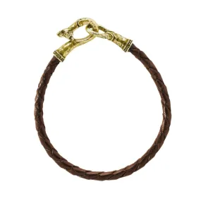 John Varvatos men's 8inch braided brown leather bracelet with brass skull fold over clasp