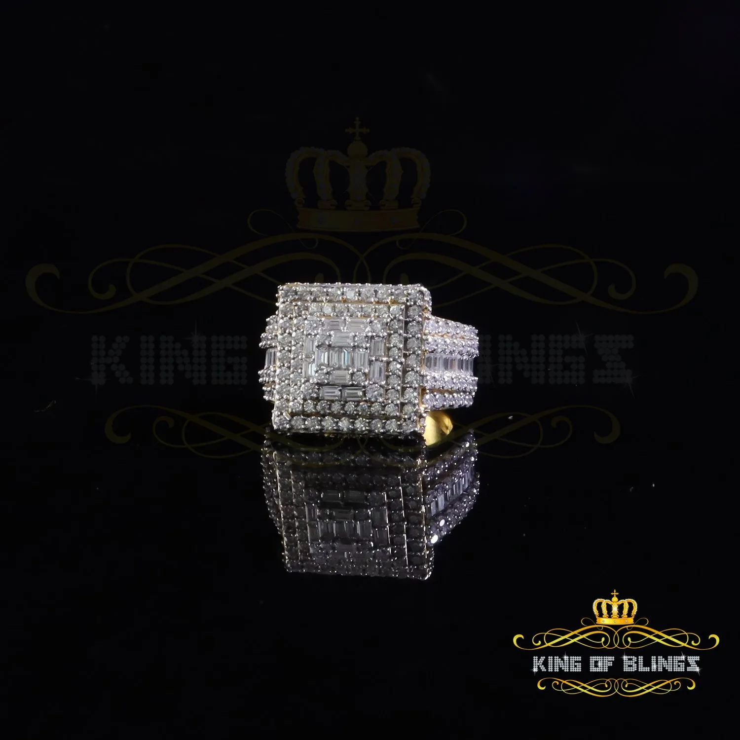 King of Bling's Men's 925 Silver Yellow 5.00ct VVS 'D' Moissanite Stone Square Rings Size 10