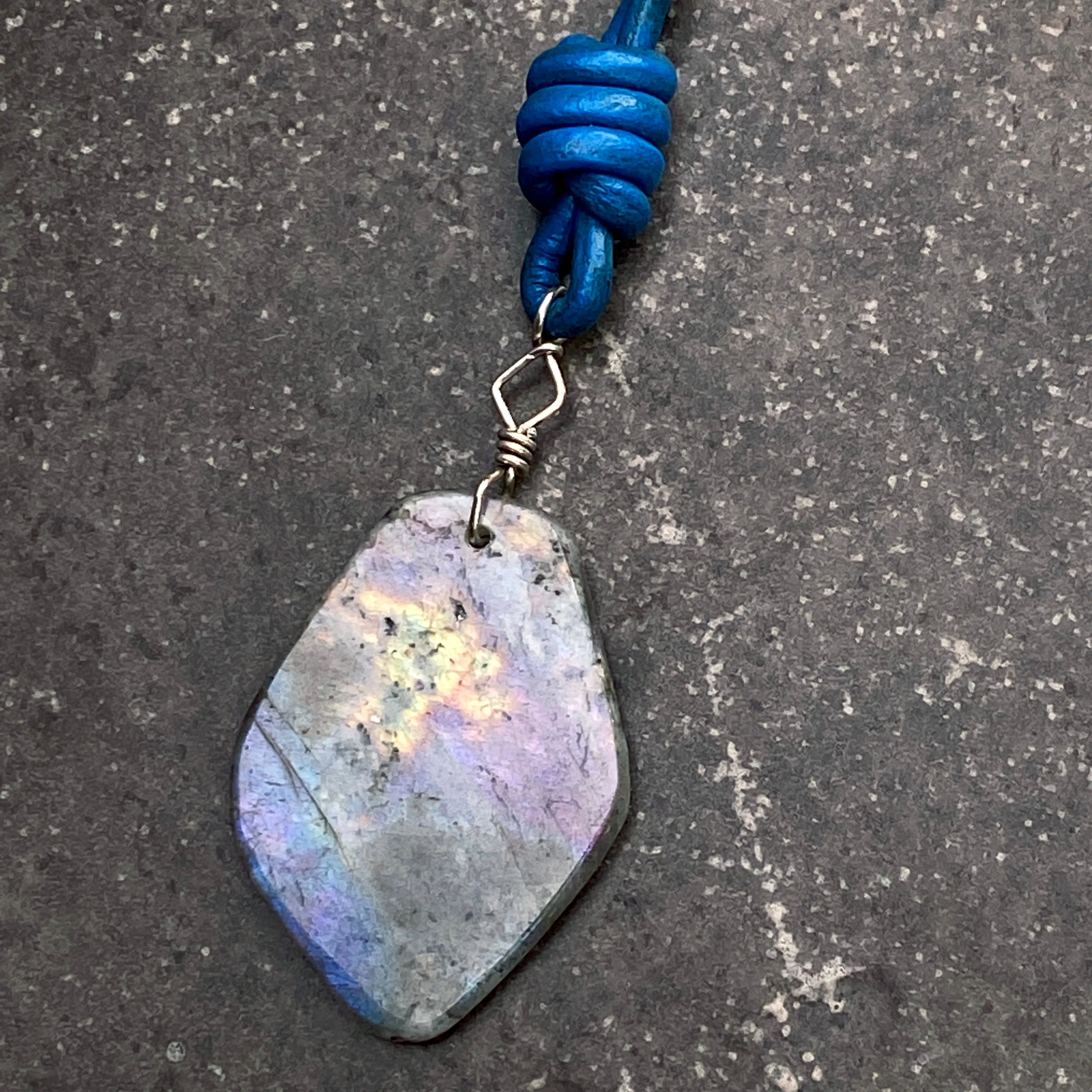 Labradorite Gemstone and Blue Leather Necklace Hand Wrapped w/ Sterling Silver and Sterling Clasp