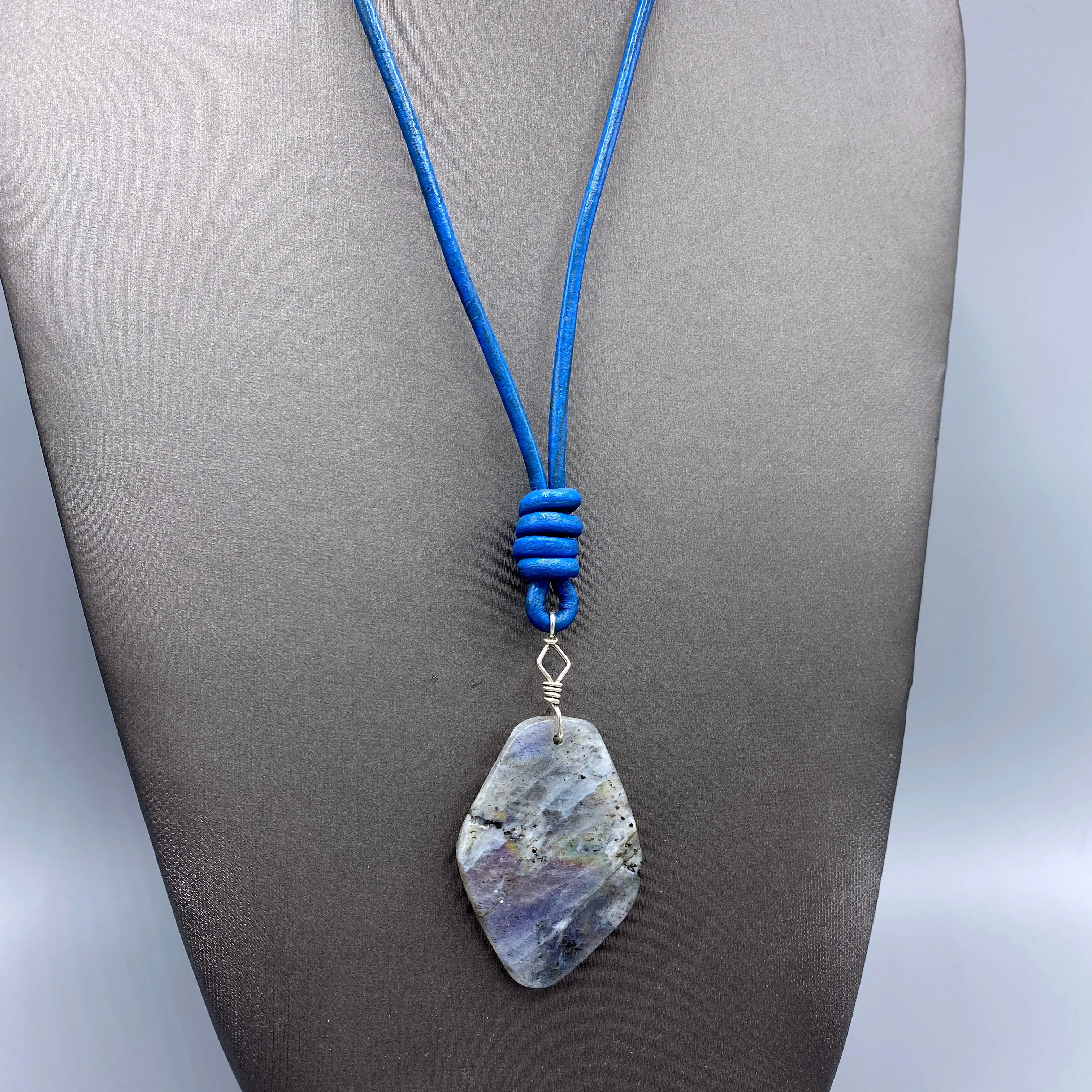 Labradorite Gemstone and Blue Leather Necklace Hand Wrapped w/ Sterling Silver and Sterling Clasp