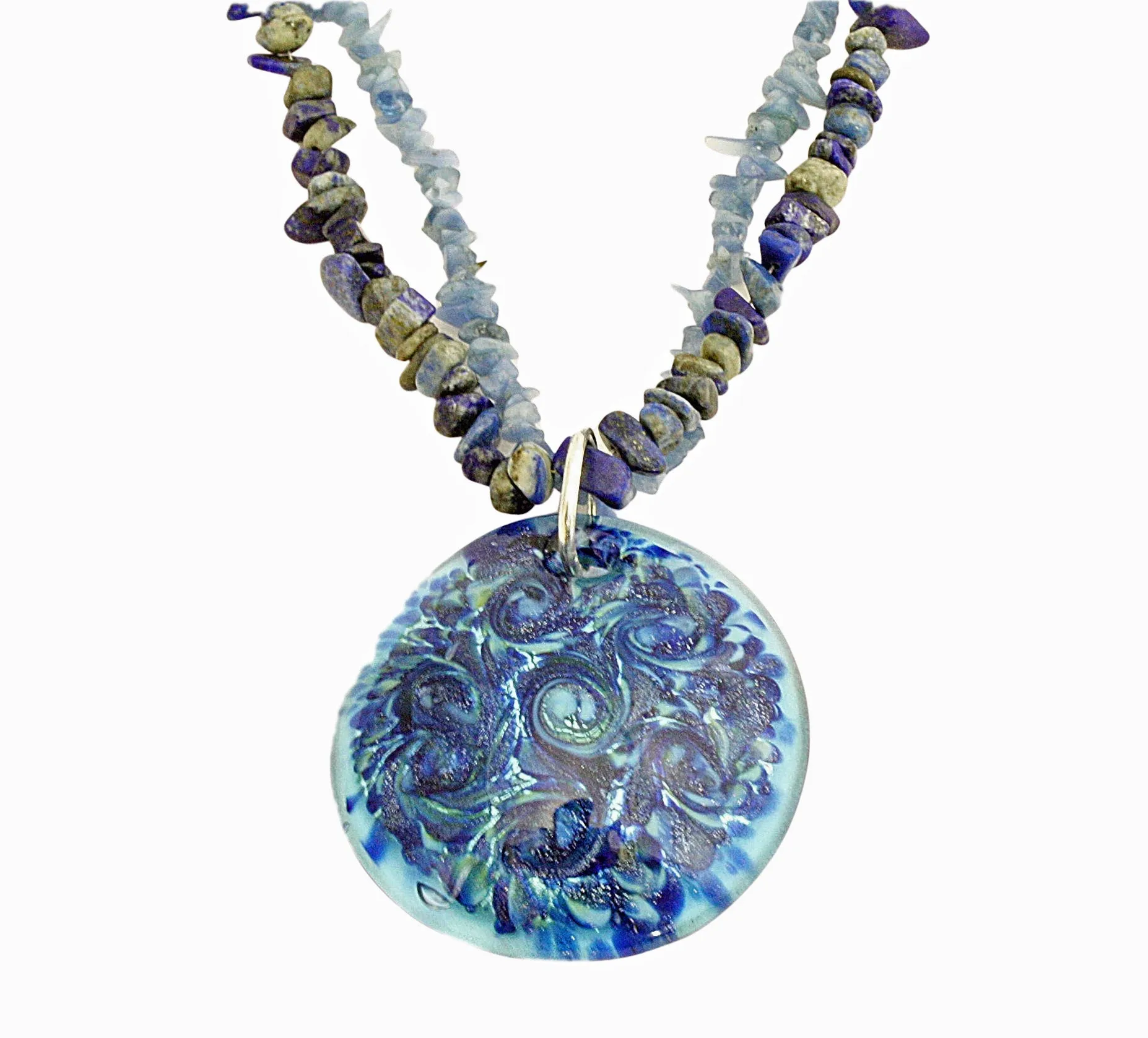 Lapis Blue Agate and Blue Murano Glass Pendant Necklace