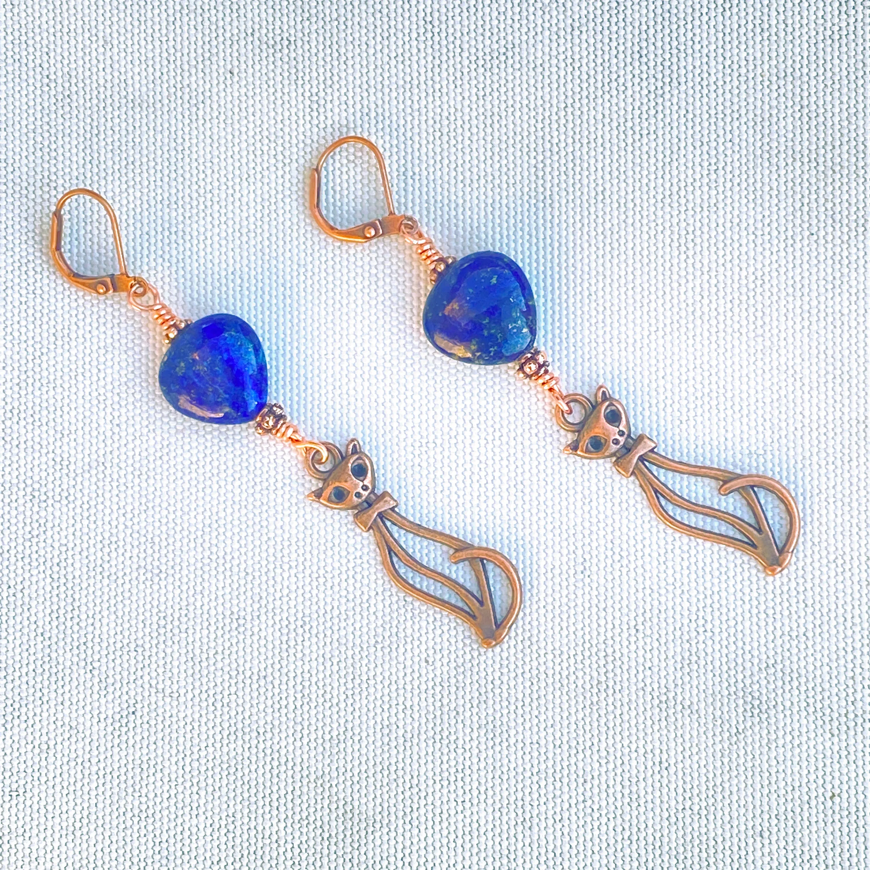 Lapis Lazuli gemstone Hearts and Copper Kitty Cat Drop Earrings