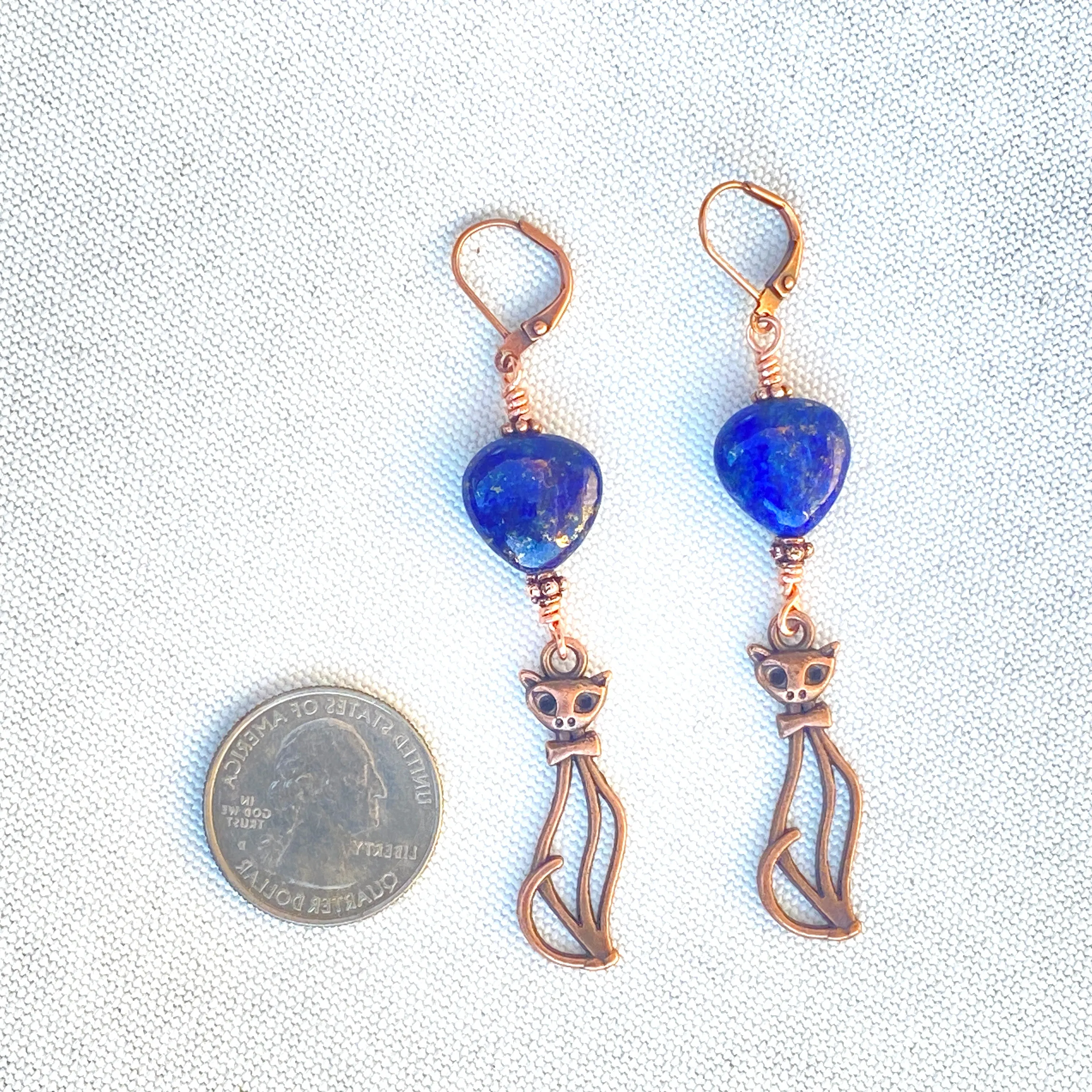 Lapis Lazuli gemstone Hearts and Copper Kitty Cat Drop Earrings