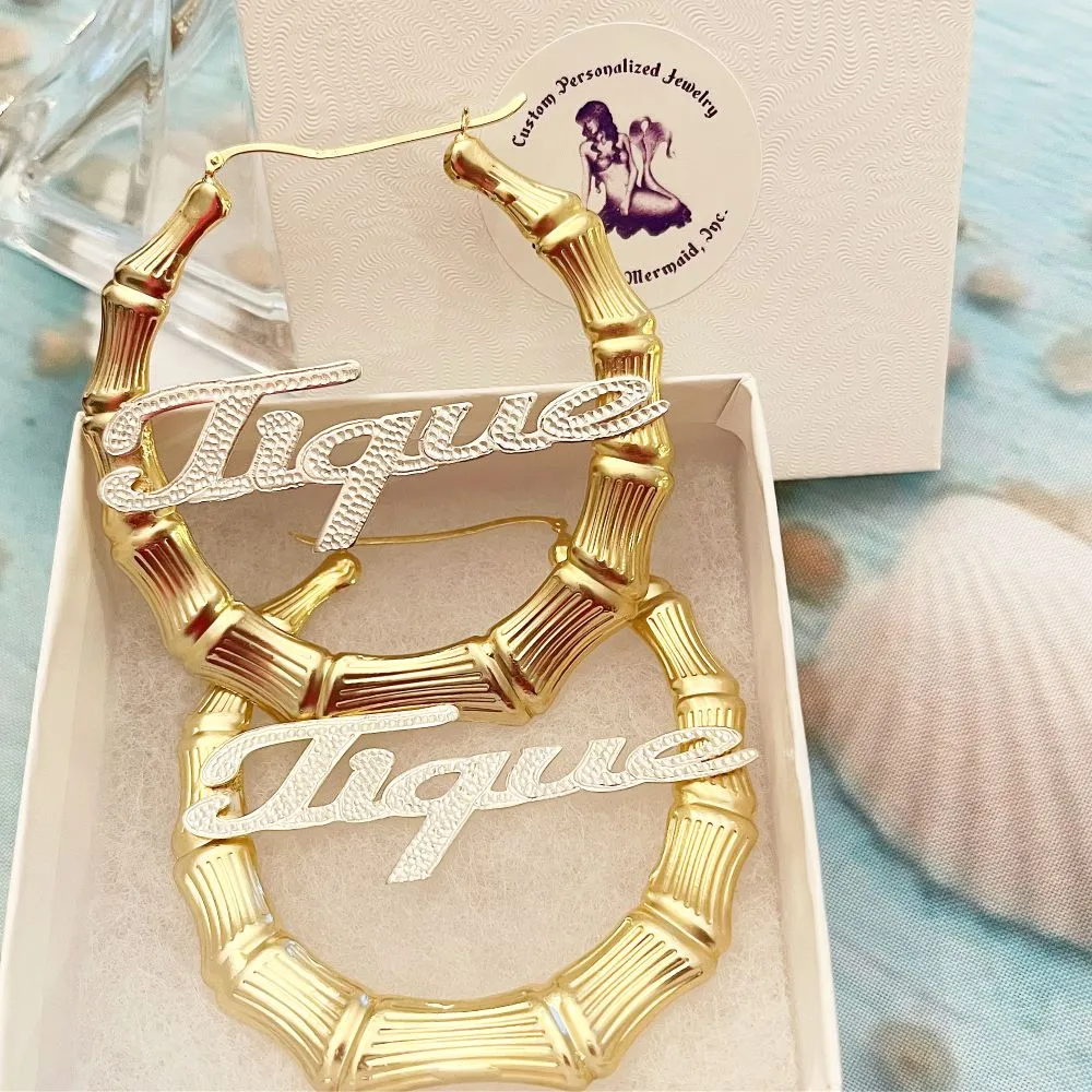 Large Bamboo Name Hoop Earrings - Mixed Metal